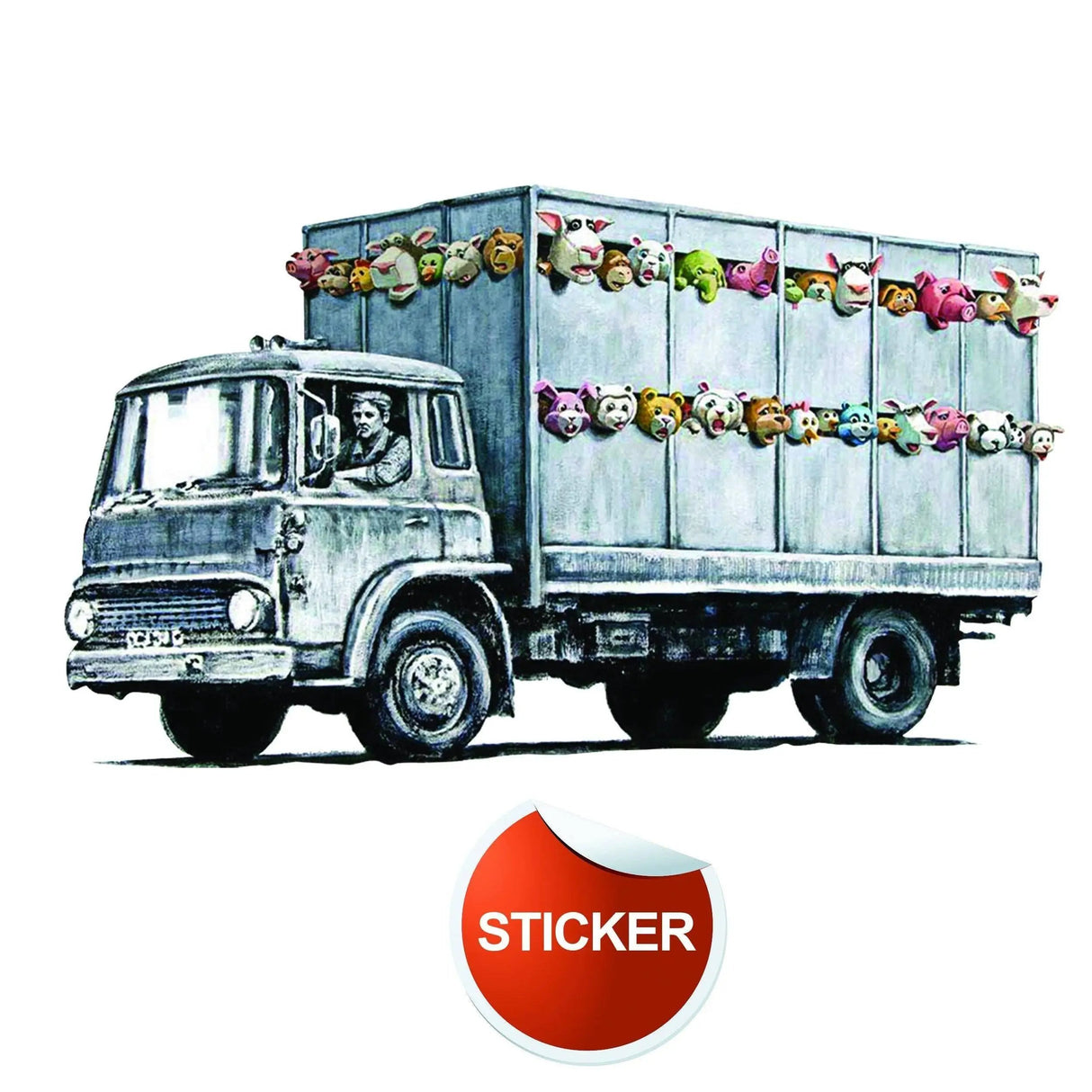 Banksy Animal Truck Vinyl Wall Sticker featuring colorful animal faces for unique wall decor.
