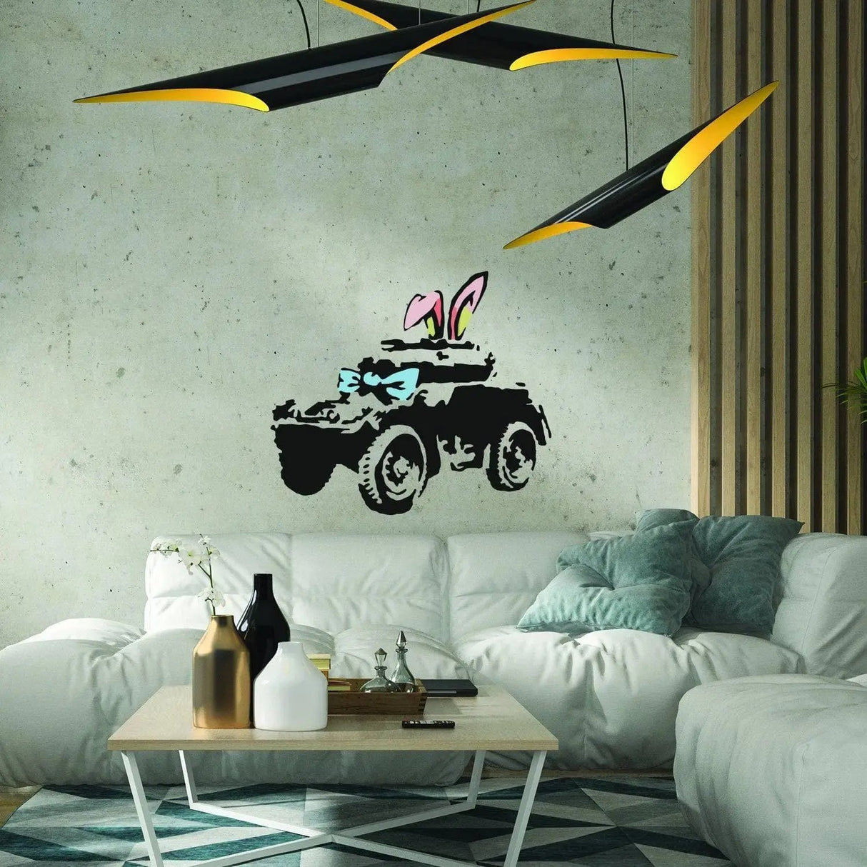Urban style armored vehicle wall decal with bunny ears and bow in a modern living room setting.