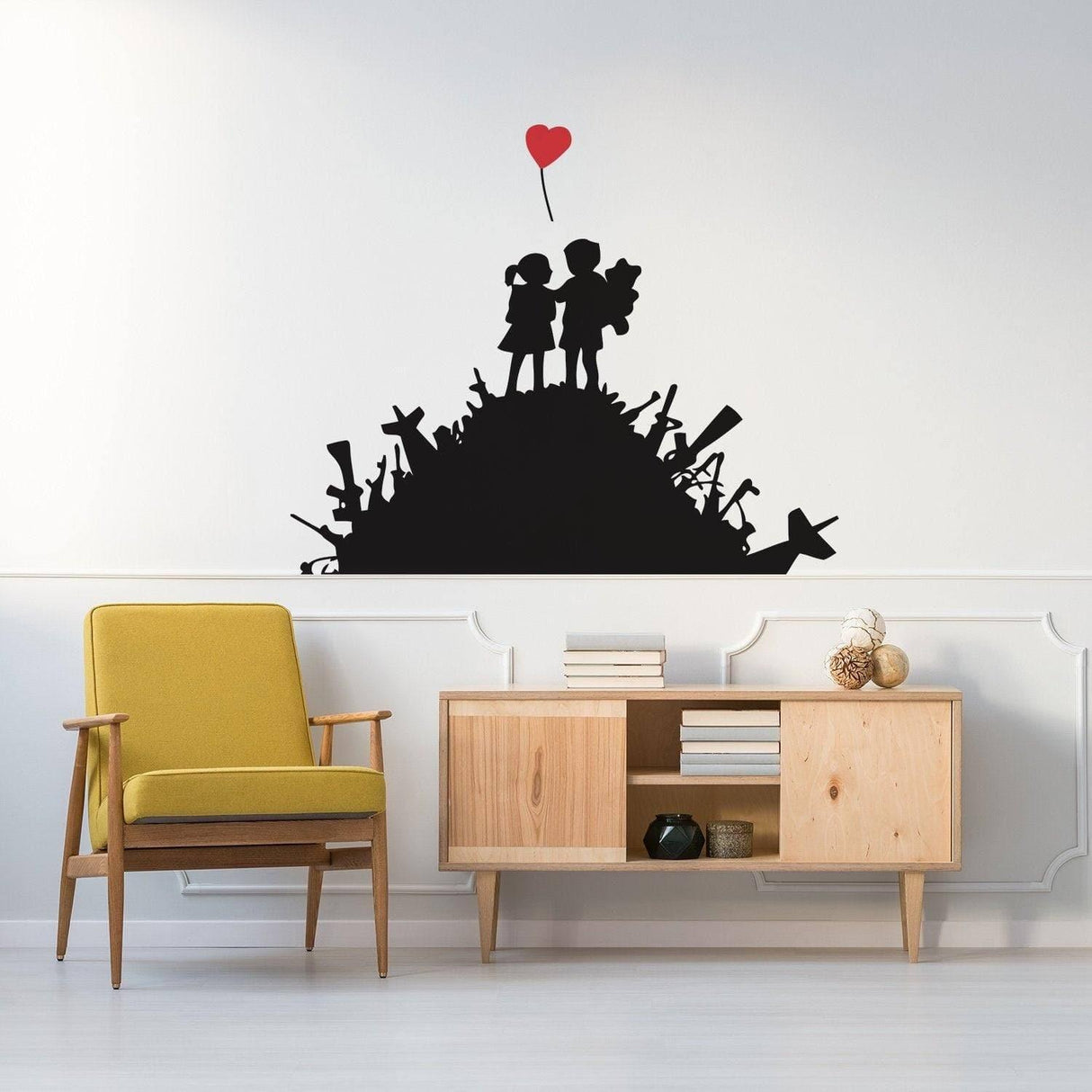 Urban design wall decal featuring two children on a hill holding a balloon, enhancing modern interior decor.