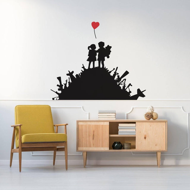 Urban design wall decal featuring two children on a hill holding a balloon, enhancing modern interior decor.