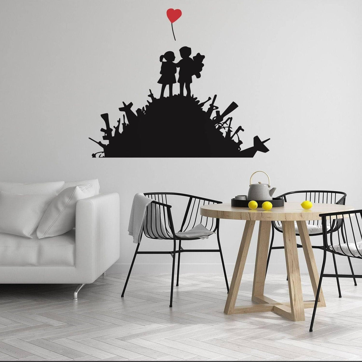 Urban design wall decal of a boy and girl on a hill holding a heart balloon, perfect for contemporary spaces.