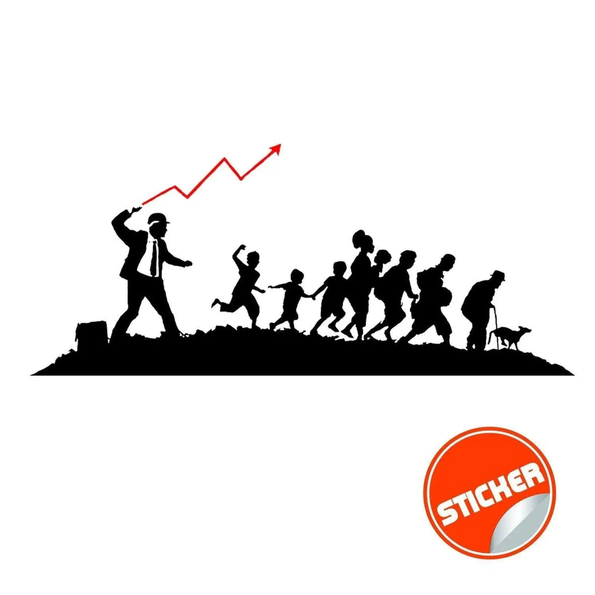 Banksy-inspired businessman sticker, showcasing a leader guiding children with an upward growth arrow.