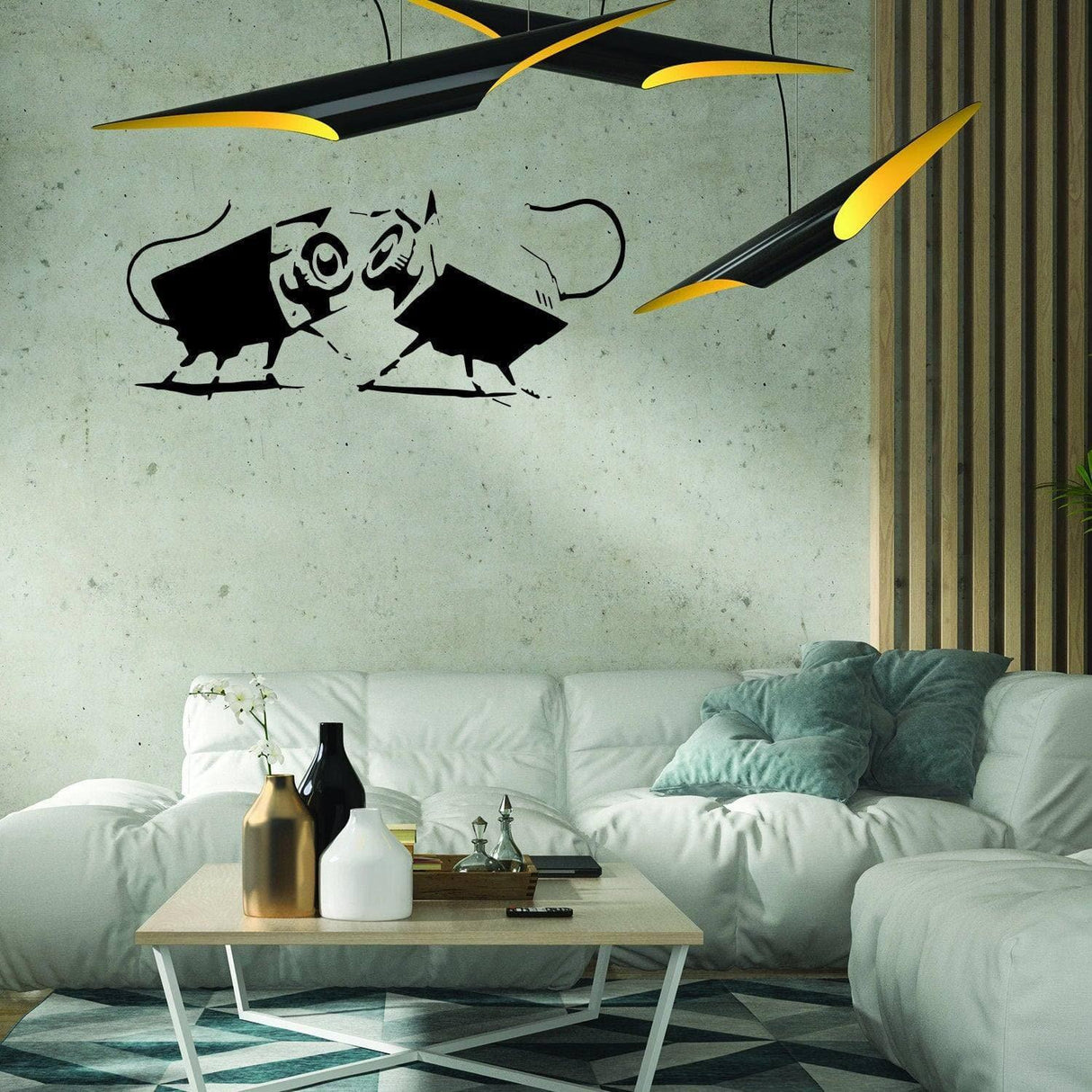 Urban Expressions vinyl wall art sticker featuring playful bulls on a modern living room wall, enhancing decor.