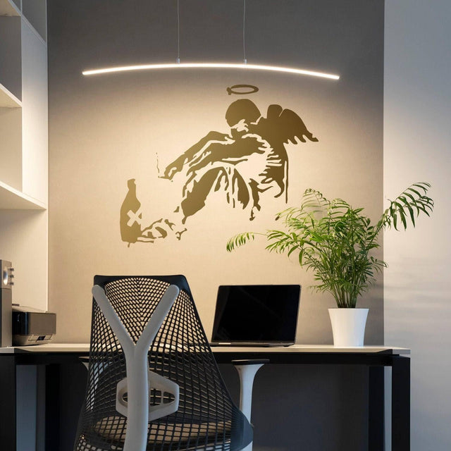 Urban Wings Fallen Angel vinyl wall decal, modern decor for stylish office space.