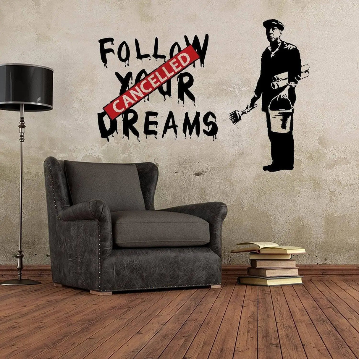 Urban Dreams Wall Decal showing graffiti-style artwork with 'Follow Your Dreams' canceled on a textured wall.