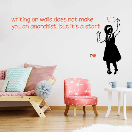 Banksy-inspired wall sticker featuring a girl with a playful quote about anarchy, enhancing creative decor.