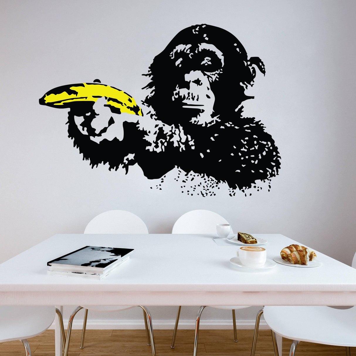 Vibrant street art monkey wall decal featuring a chimp holding a banana, perfect for adding personality to any room.