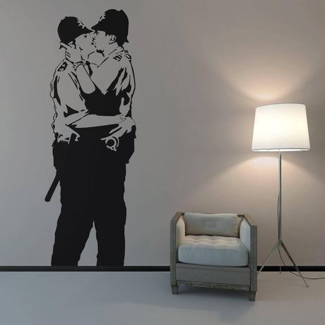 Urban Love Statement Wall Decal featuring police officers kissing on a wall, showcasing modern urban art style.