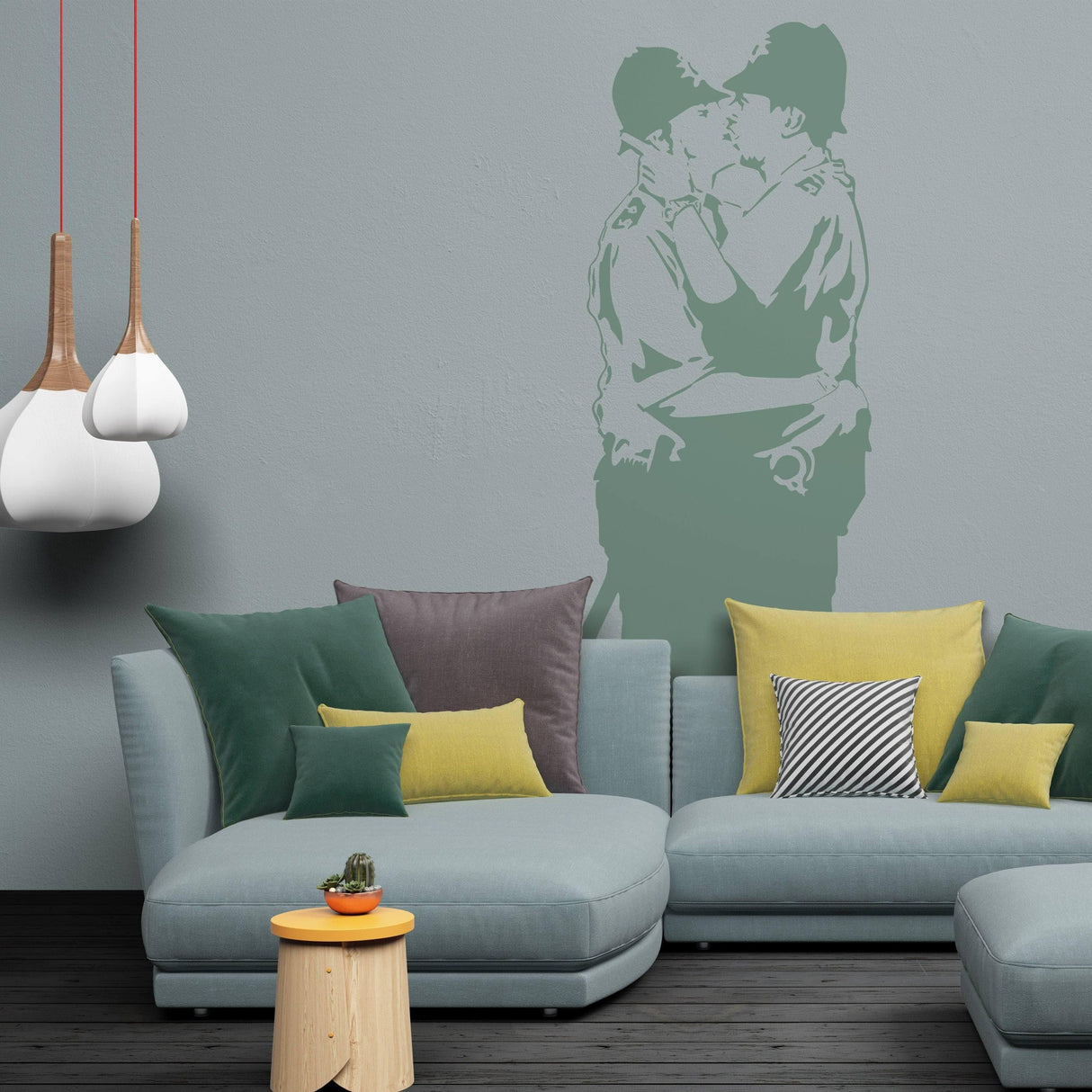 Urban Love Bold Affection wall decal showcasing police officers kissing in a modern living room setting.