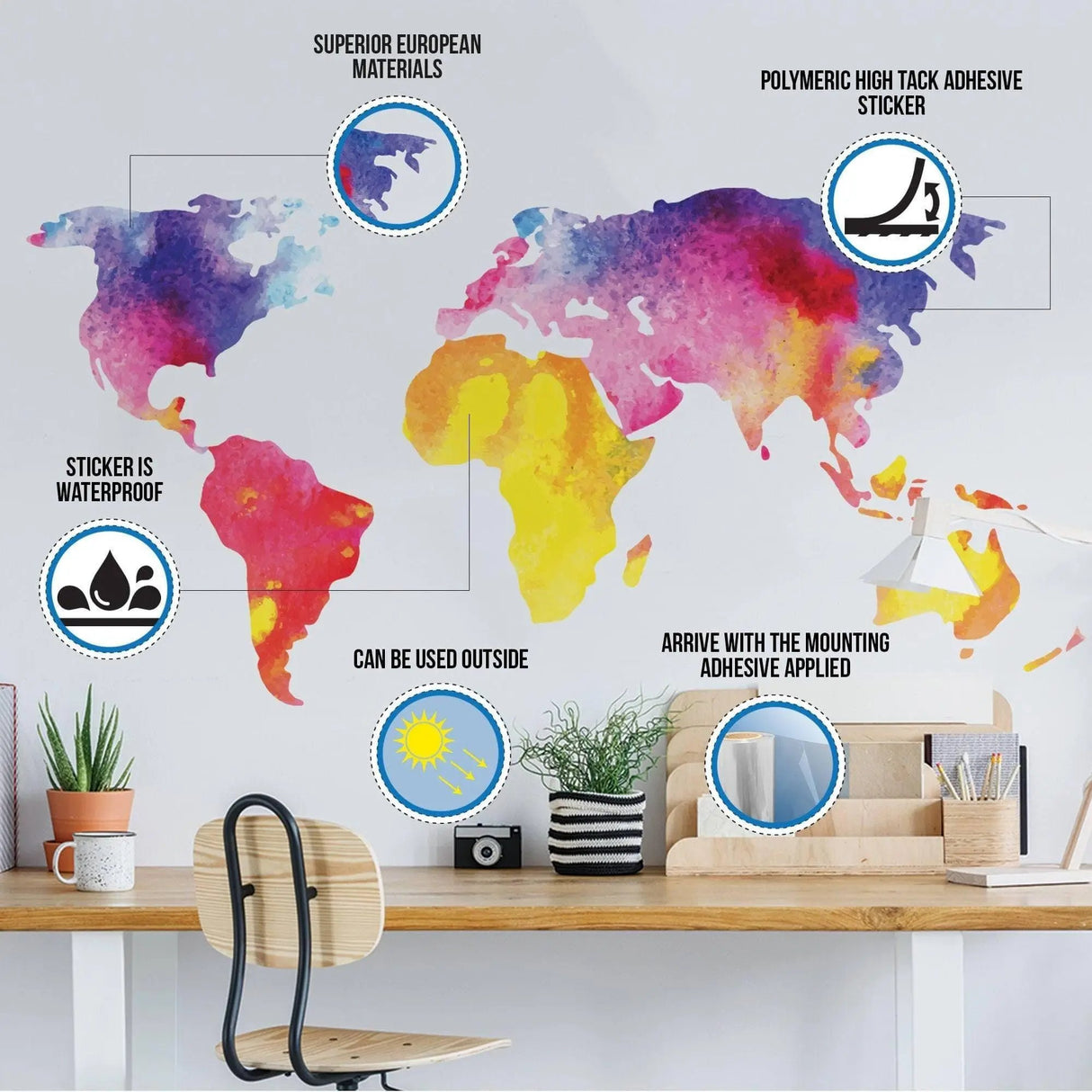 Colorful world map wall sticker showcasing features like waterproof material and easy application, perfect for home decor.
