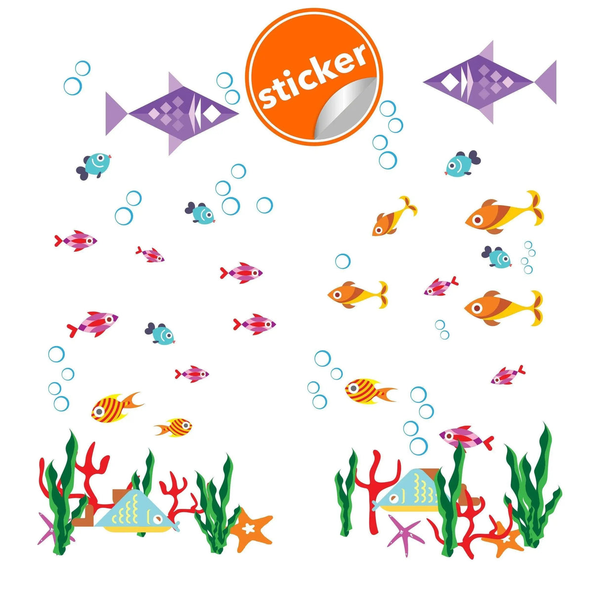 Colorful vinyl fish stickers with bubbles and seaweed for vibrant bathroom decor.