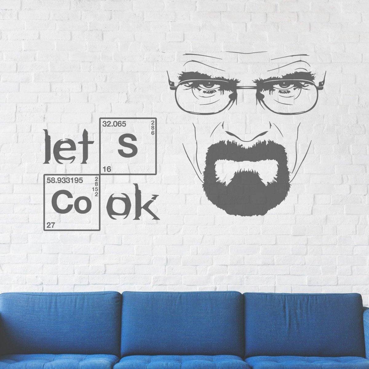Breaking Bad themed wall decal featuring 'Let's Cook' quote and iconic character design, perfect for kitchen decor.