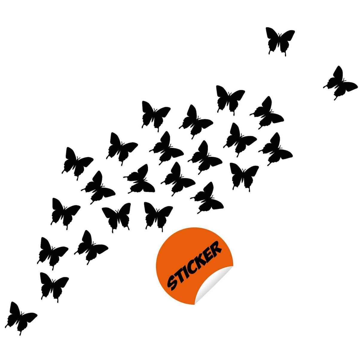 Black butterfly wall stickers in a whimsical flight pattern, perfect for home decor.