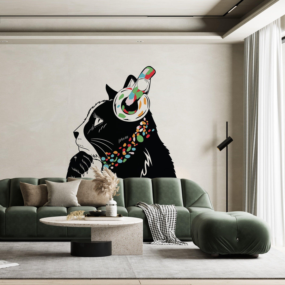 Charming cat wall decal featuring a stylish cat with headphones and colorful decoration, enhancing modern decor.