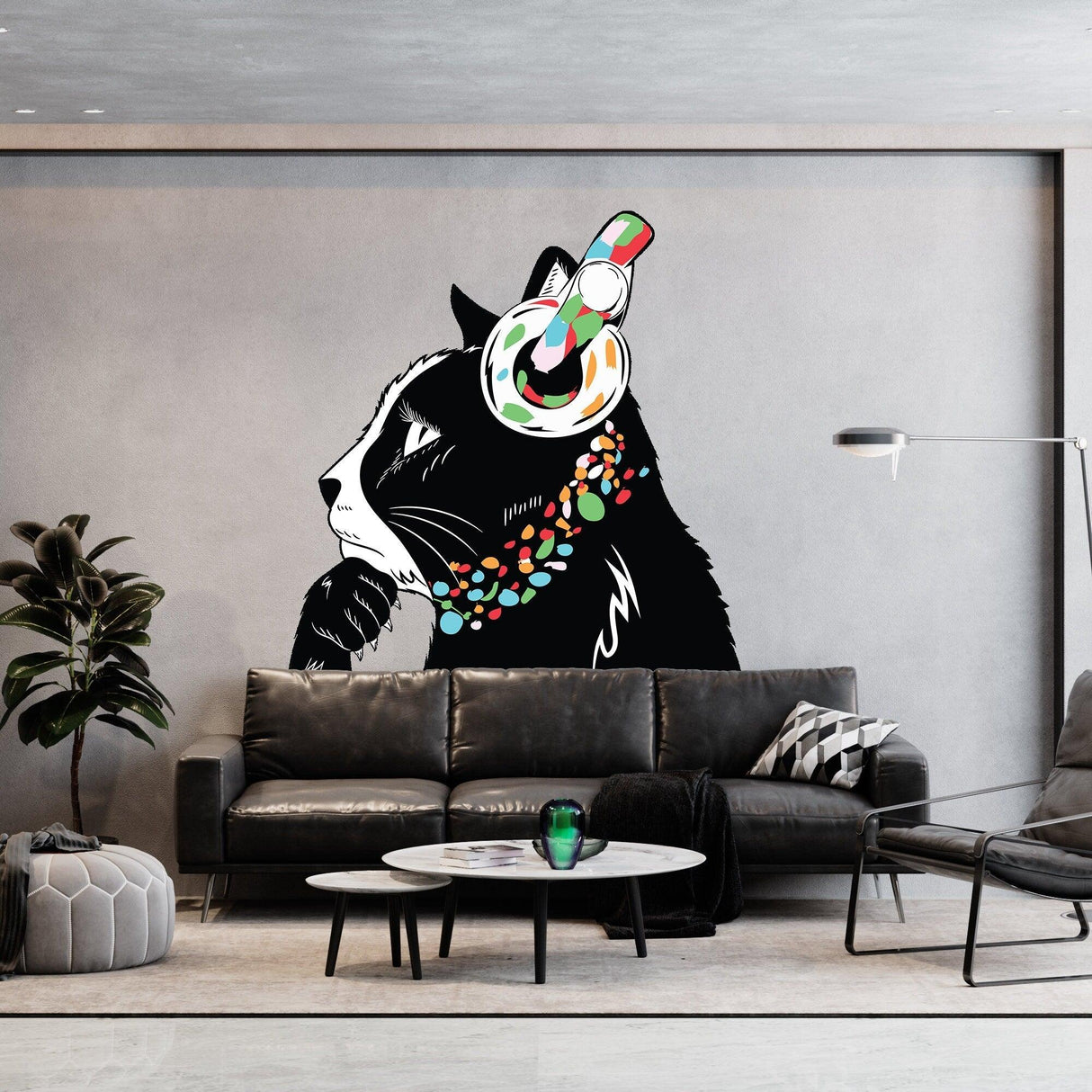 Charming cat wall decal with headphones, colorful design in modern living room decor, perfect for cat lovers.