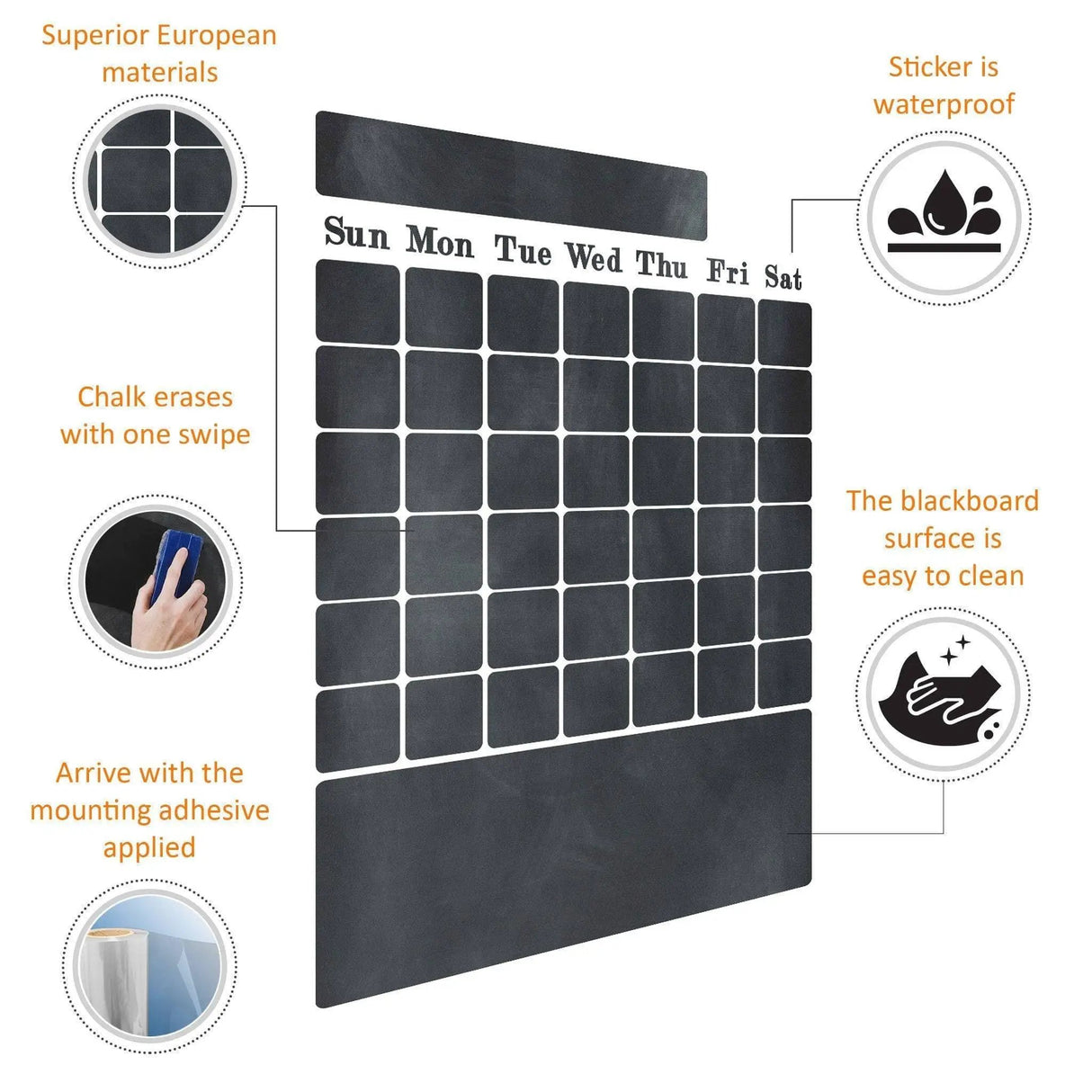 Reusable chalkboard wall decal with weekly planner design, easy to clean, waterproof, made from high-quality materials.
