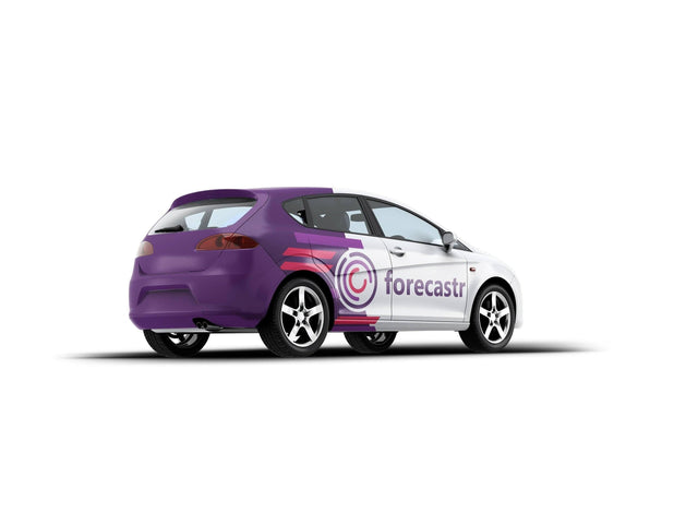 Custom car decal half wrap vinyl on a stylish race-ready vehicle, displaying a sleek design in purple and white.