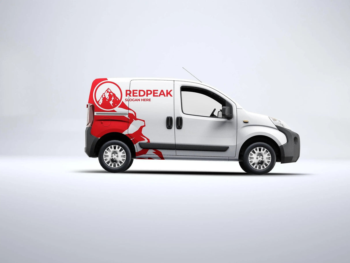 Custom half wrap vinyl decal on a white van featuring a red mountain design and 'REDPEAK' branding.