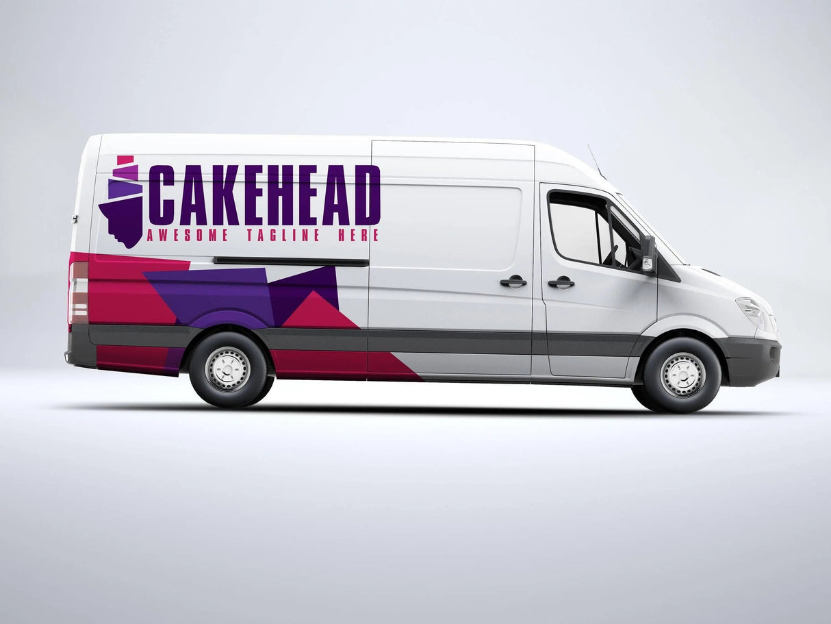 Custom branded delivery van with the Cakehead logo and colorful graphic design for food business.