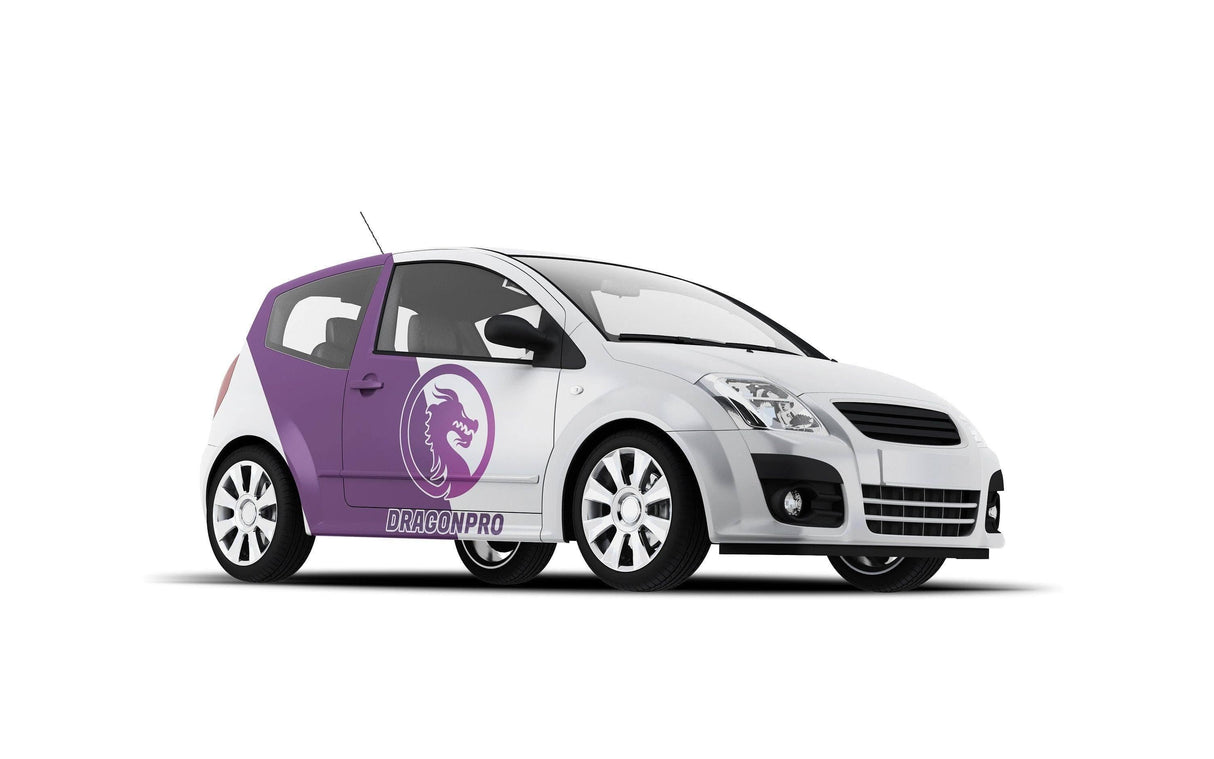 Custom car decal half wrap graphic in purple and white on a compact vehicle, showcasing race-ready style.