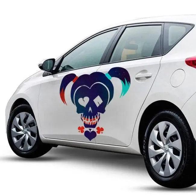 Custom vinyl car decal featuring a colorful skull design with playful pigtails, adding personality to your vehicle.