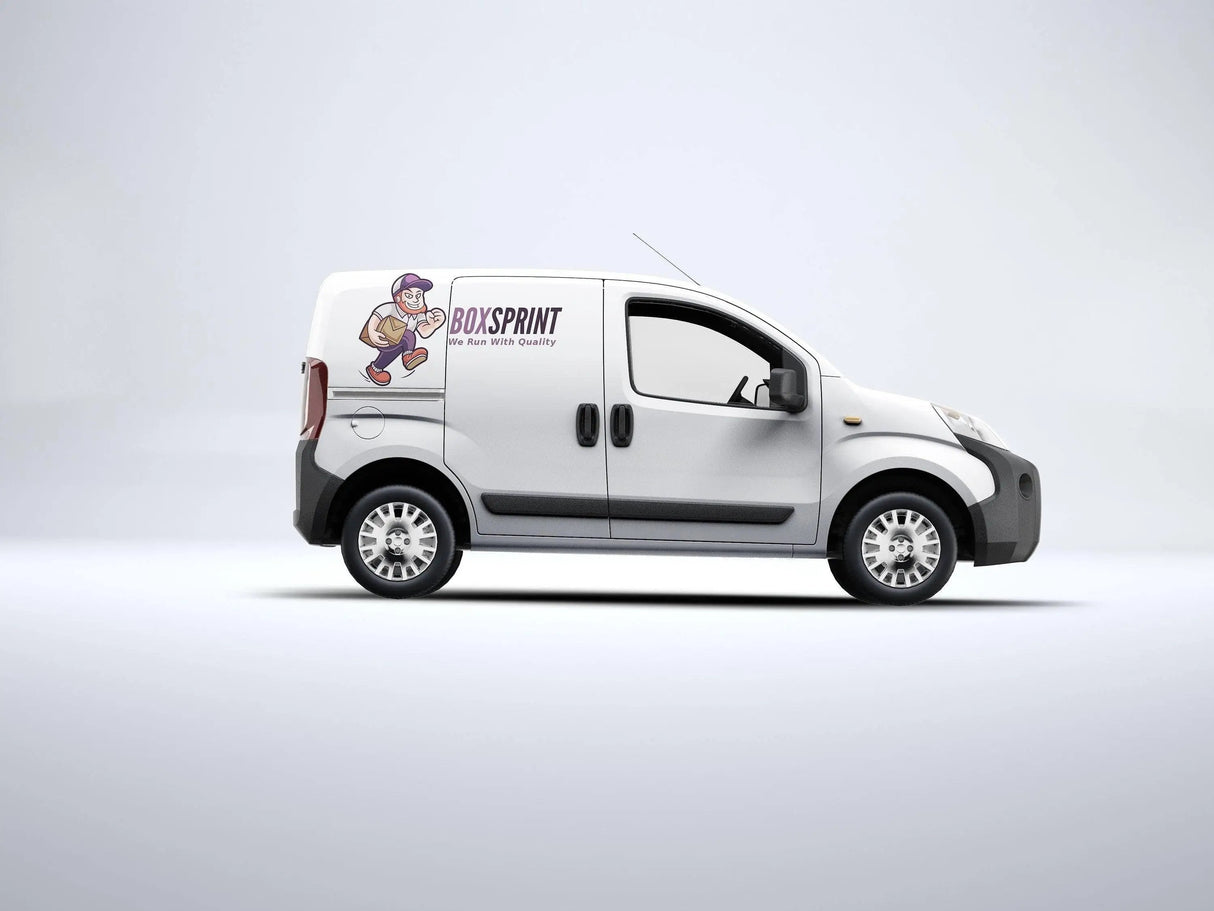 Custom-printed van with 'BoxSprint' logo and character, ideal for business branding and mobile advertising.