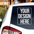 Personalized car window decal displaying placeholder text "YOUR DESIGN HERE" for custom auto stickers.