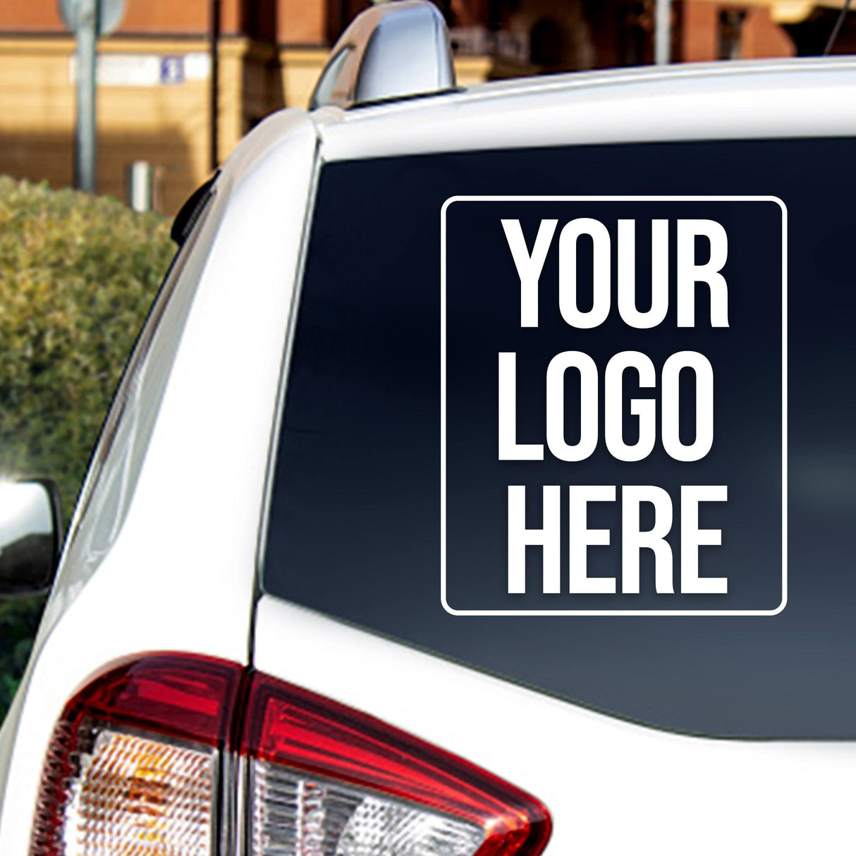 Custom car window decal featuring space for personalized logo on vehicle rear window.