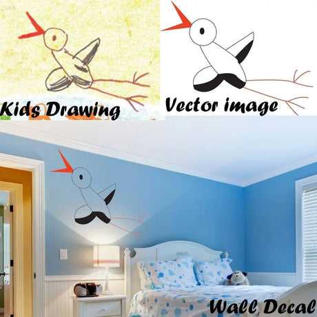Kids drawing transformed into a vector image wall decal in a stylish bedroom.
