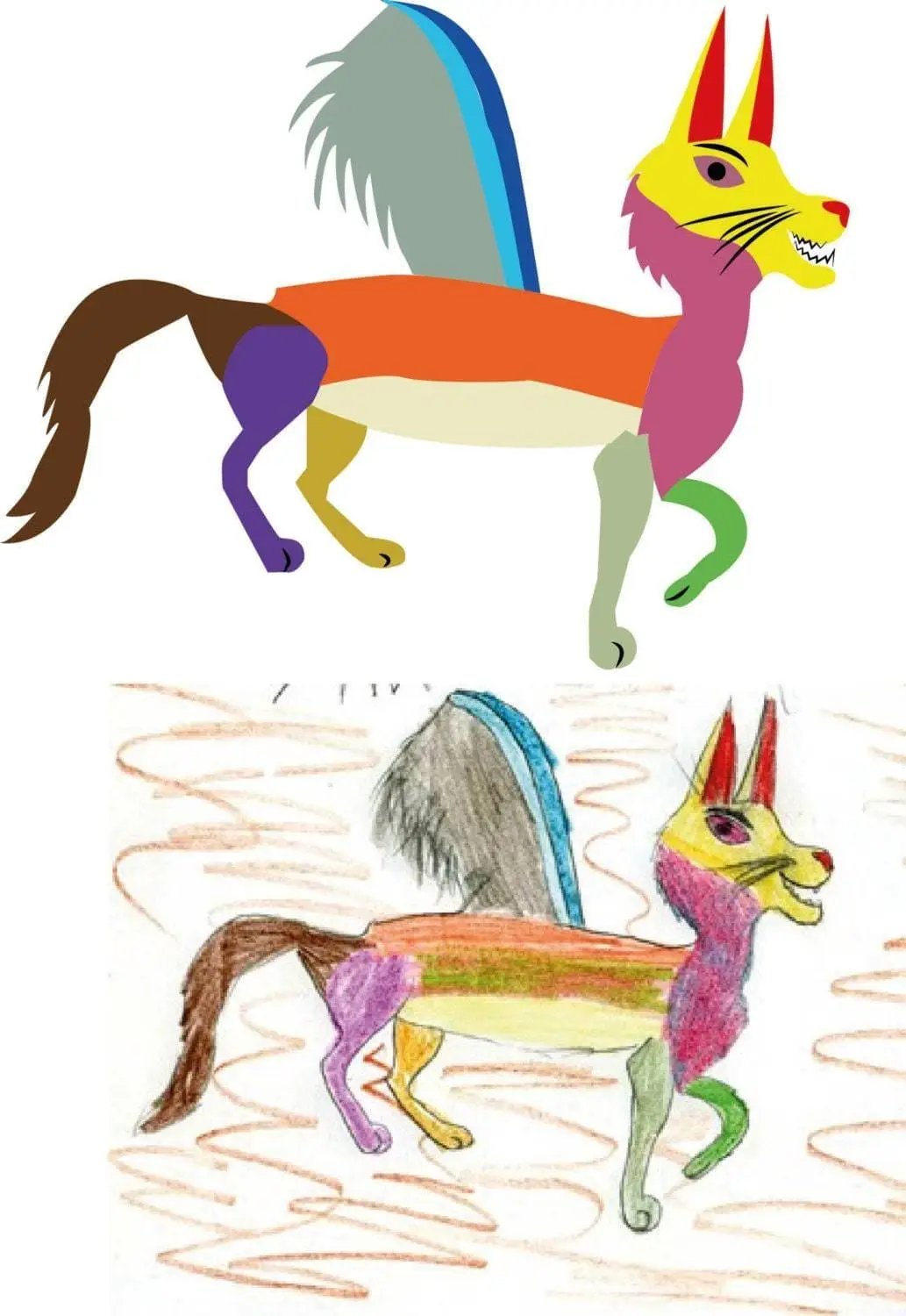 Colorful cartoon animal drawing and creative illustration of a mythical creature.