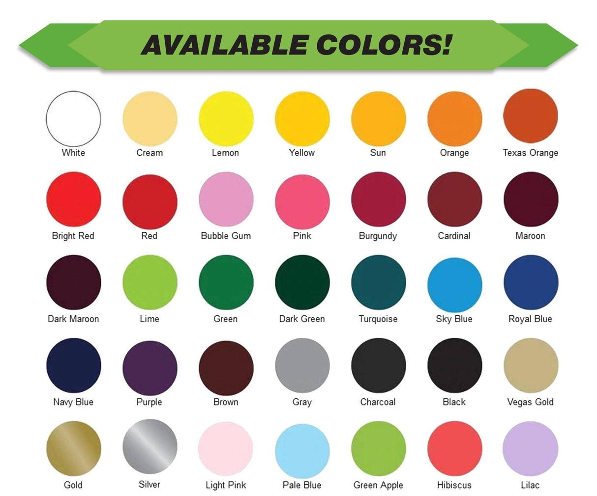 Color chart showing available options for the Custom Iron-On Vinyl T-Shirt Graphic Design Kit.