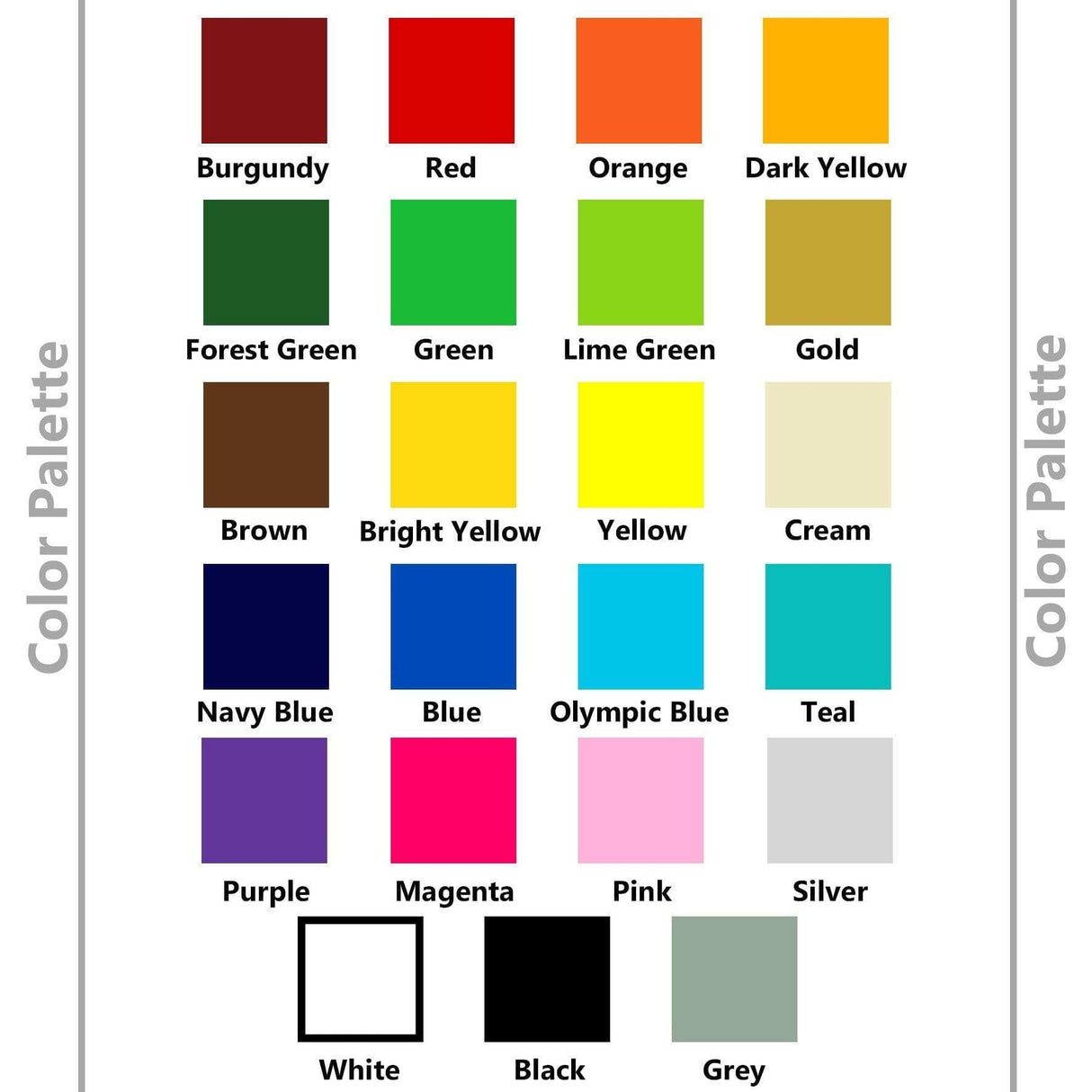 Color palette showing various vinyl sticker colors for customization, including Burgundy, Red, Green, and more.