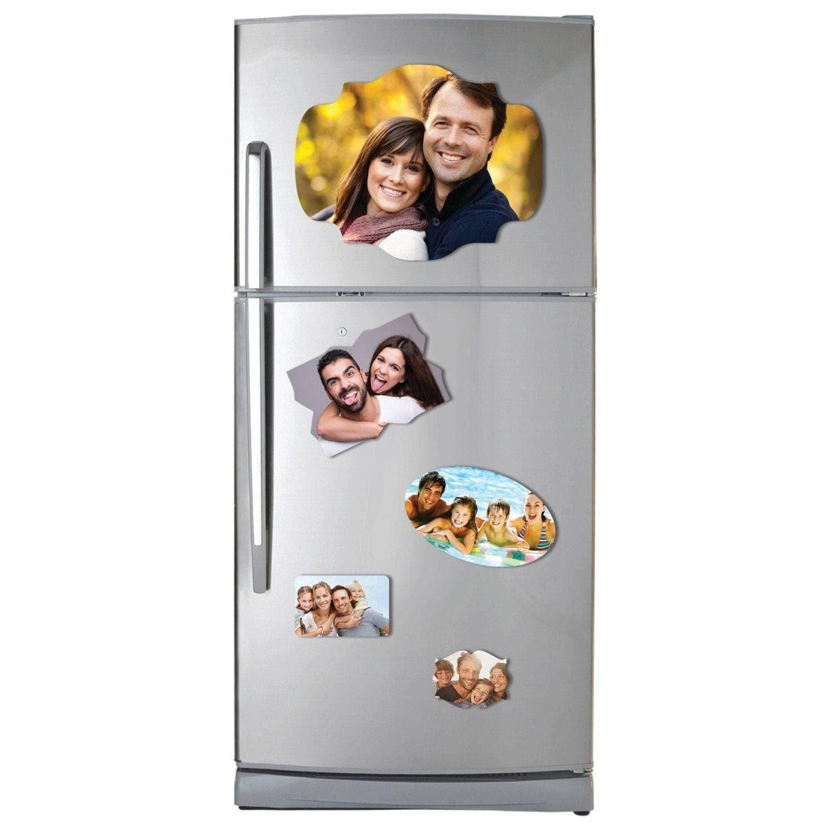 Personalized magnetic photo prints on a refrigerator showcasing family memories in stylish shapes.
