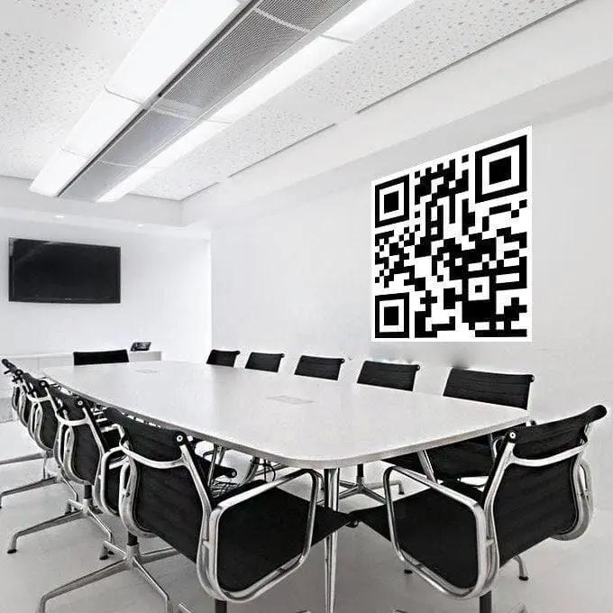 Conference room featuring a custom QR code decal on the wall, enhancing personalization and tech integration.