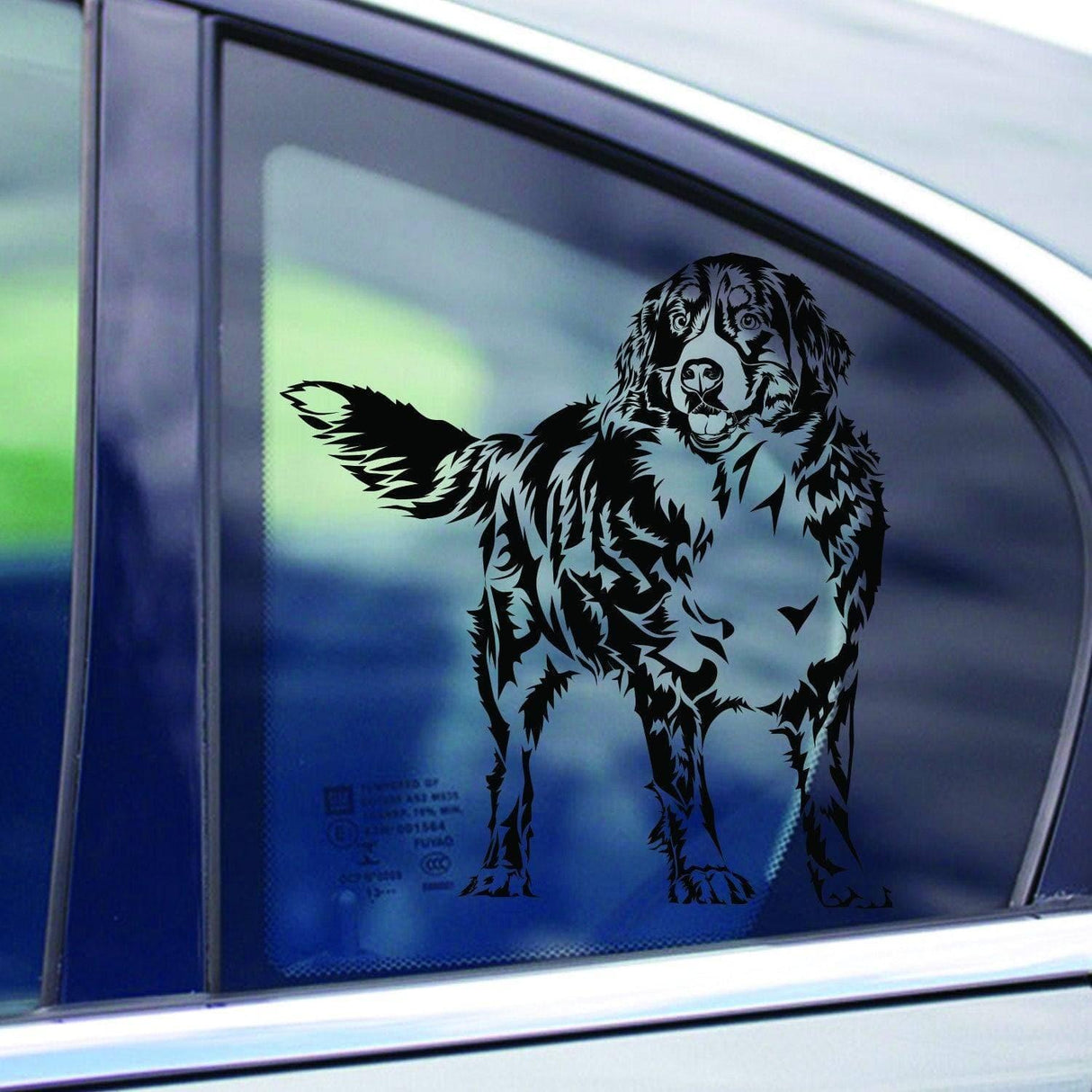 Customizable dog illustration adhesive decal on a car window, showcasing a happy, hand-drawn pet design.