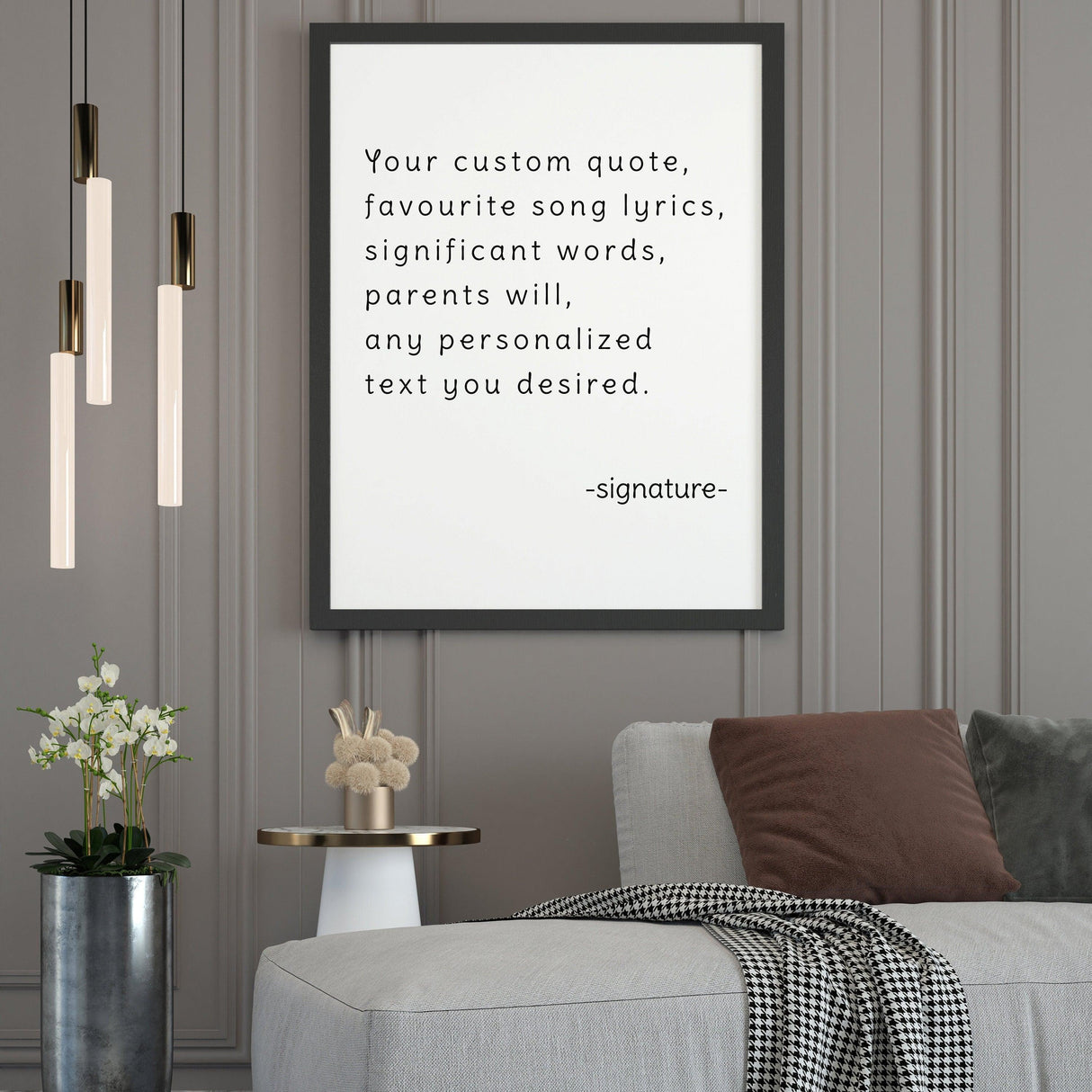 Customized motivational art print featuring a personalized quote displayed in an elegant living room.
