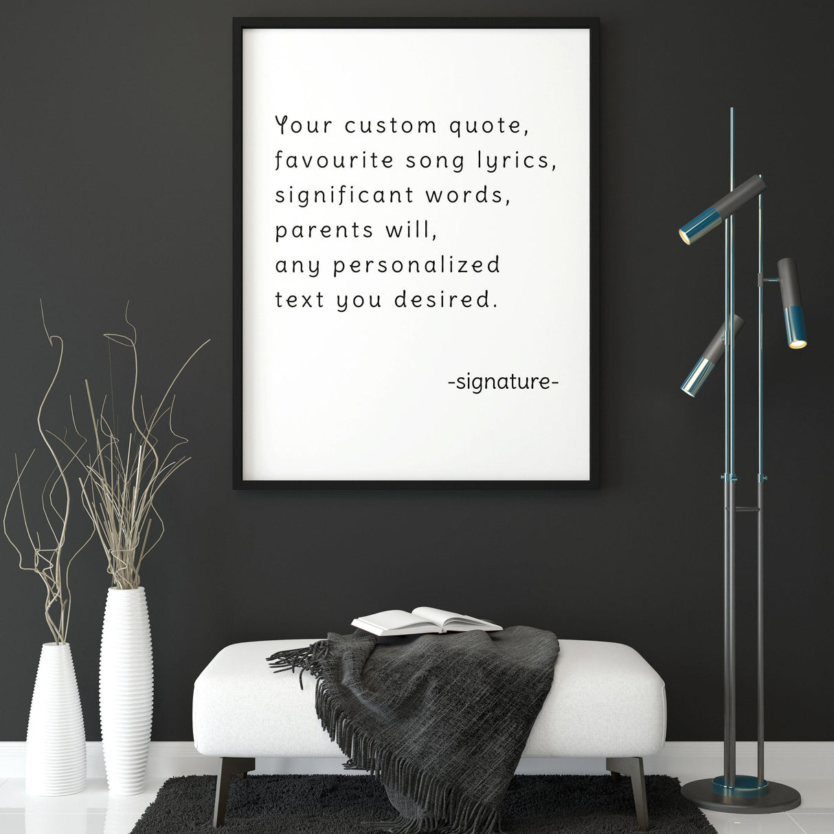 Customized motivation wall art featuring personalized quote on dark wall with modern decor.