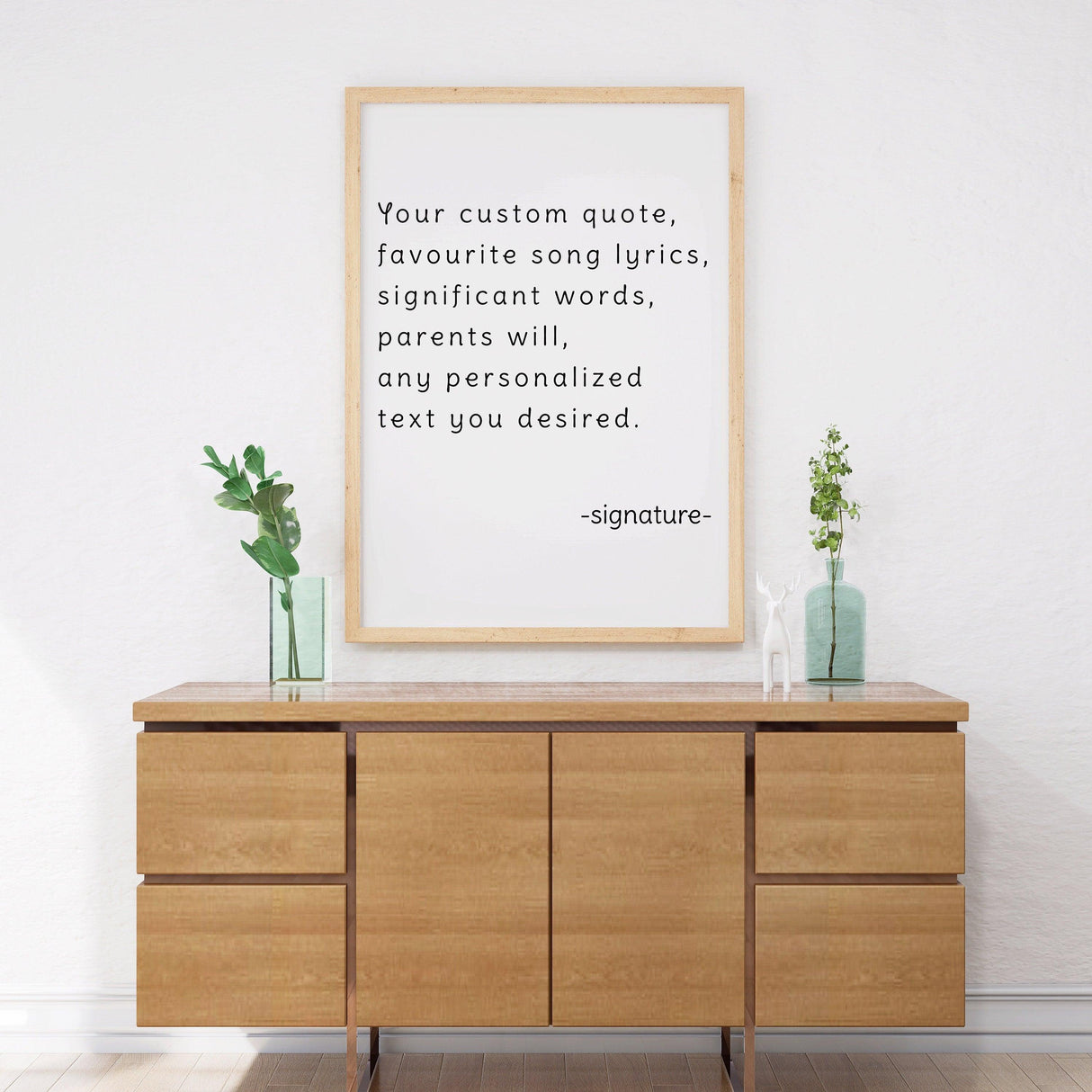 Customized motivational art print with personalized quote displayed on a stylish wooden dresser.