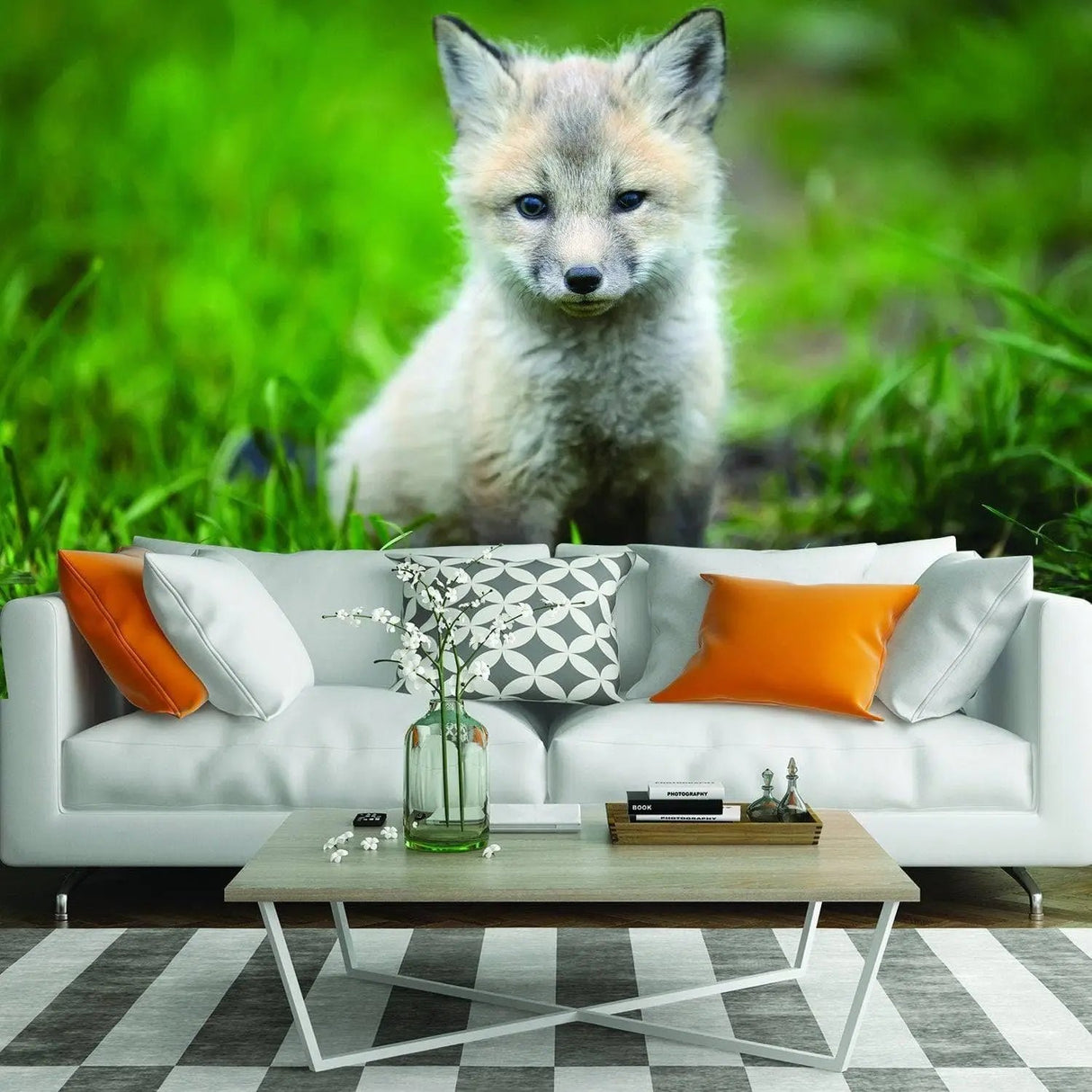 Cute fox wall art in a cozy living room setting, perfect for adding a whimsical touch to any space.