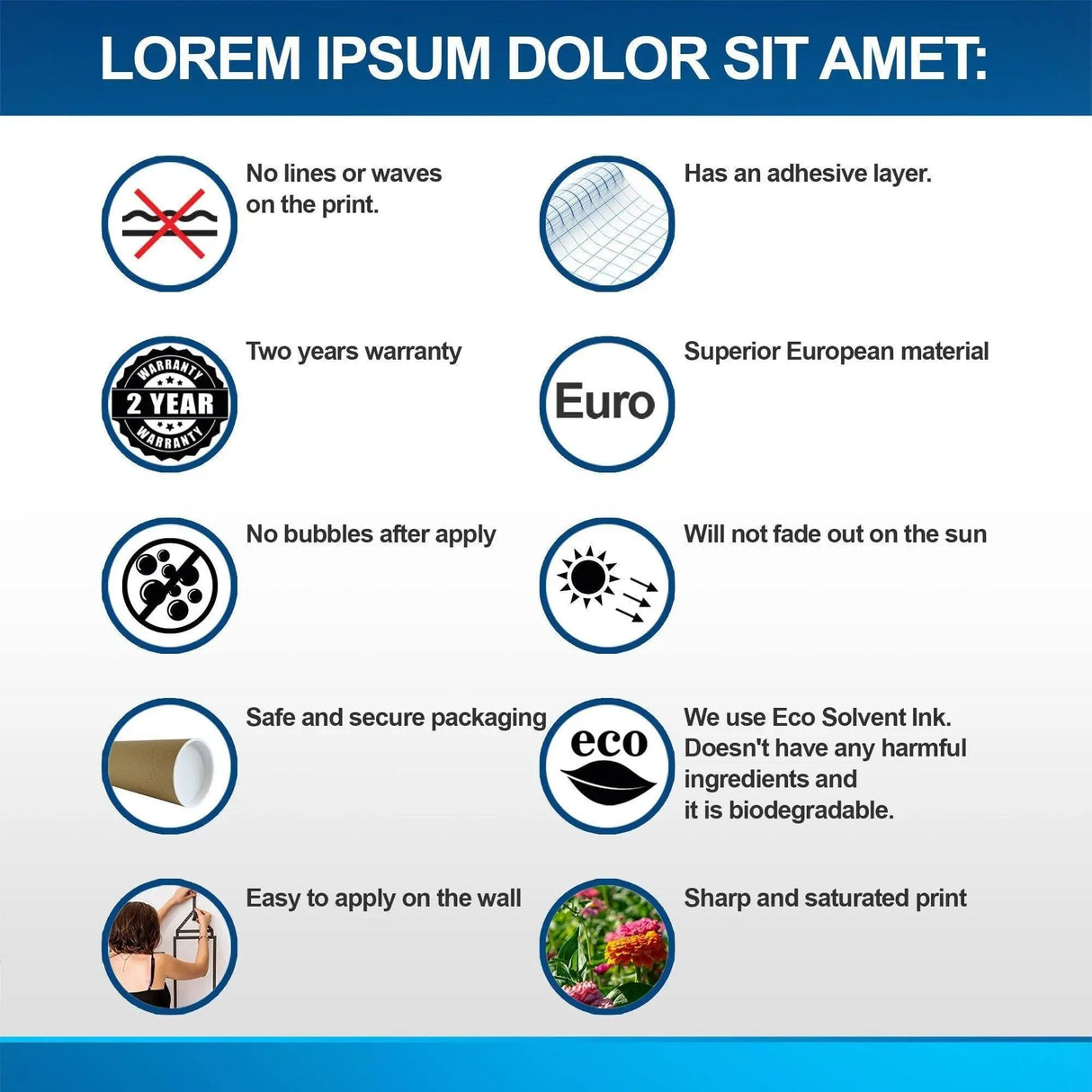 Infographic detailing features of a product, including warranty, adhesive quality, eco-friendliness, and application ease.