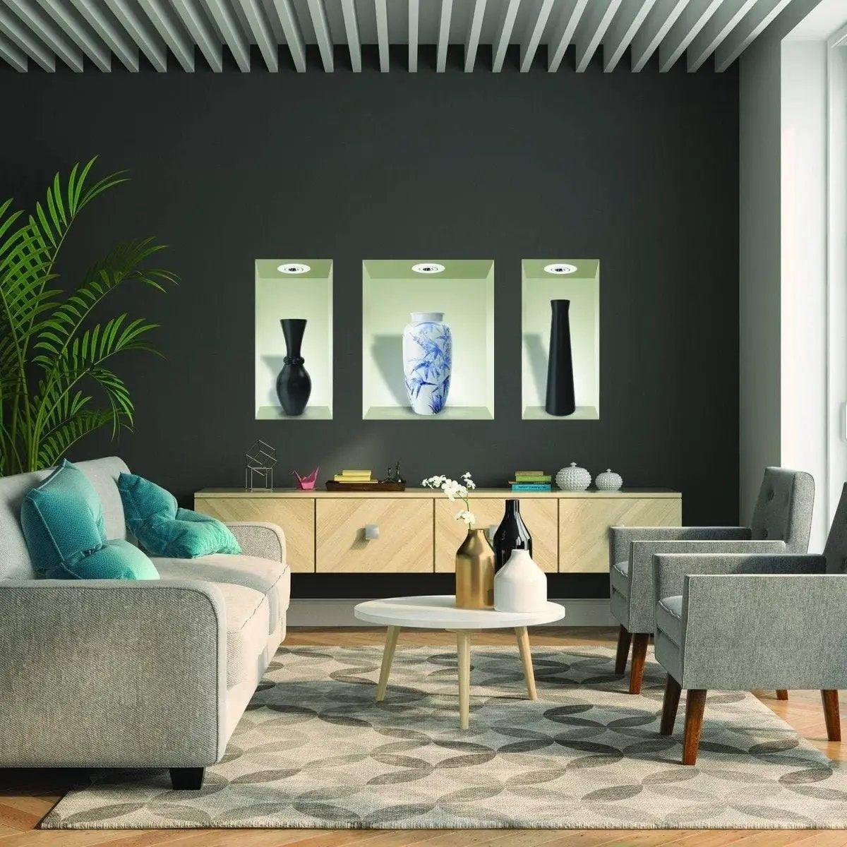 Modern living room with elegant vases, stylish furniture, and vibrant decor accents to enhance home design.