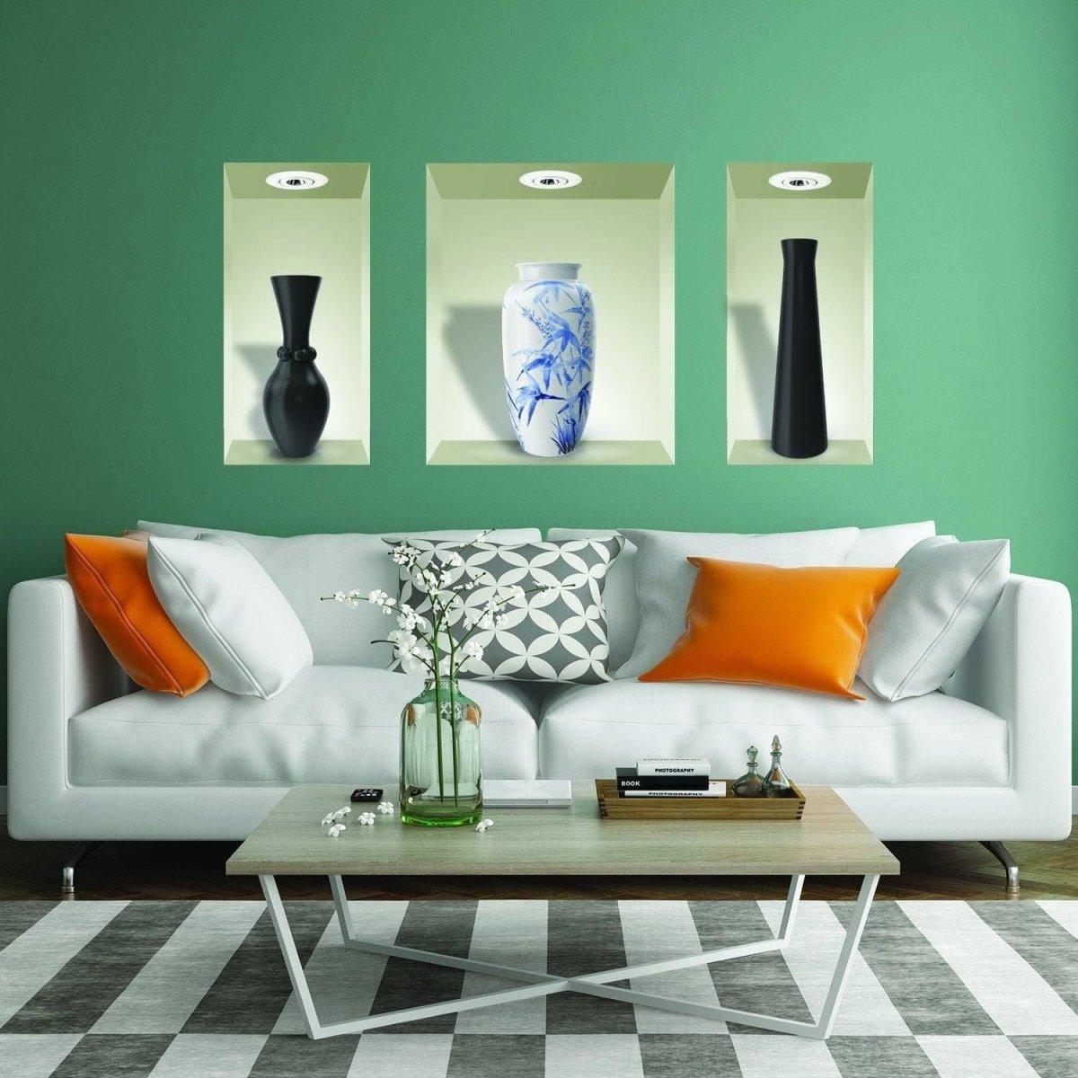 Elegant 3D floral wall decals displayed above a stylish sofa, adding vibrant home decor to a modern living room.