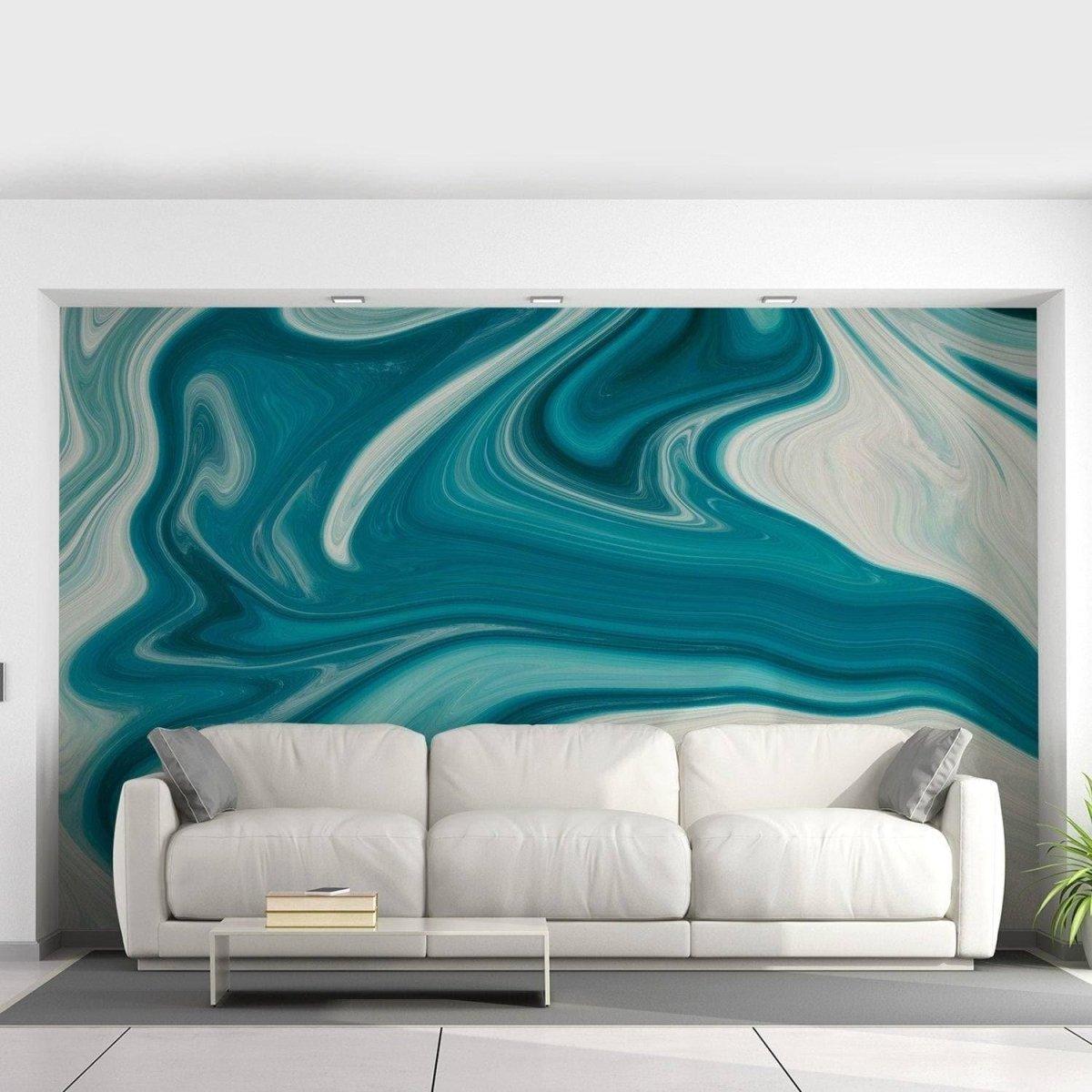 Elegant blue and white marble self-adhesive wallpaper featured behind a modern white sofa in a stylish living room.