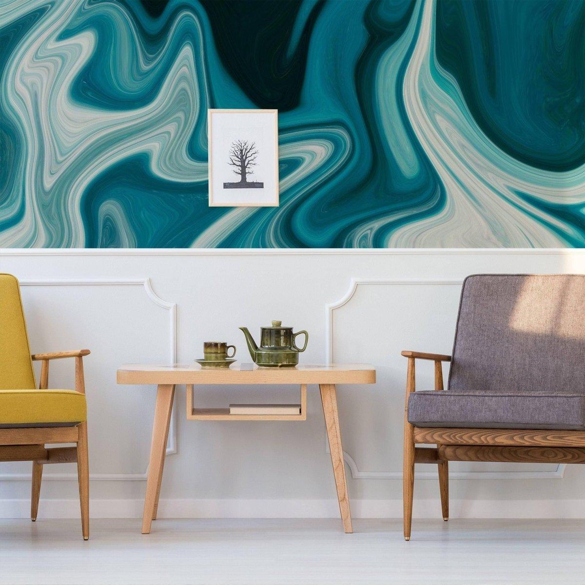 Elegant living room featuring marble wallpaper, a stylish table, and cozy chairs, perfect for home decor transformation.