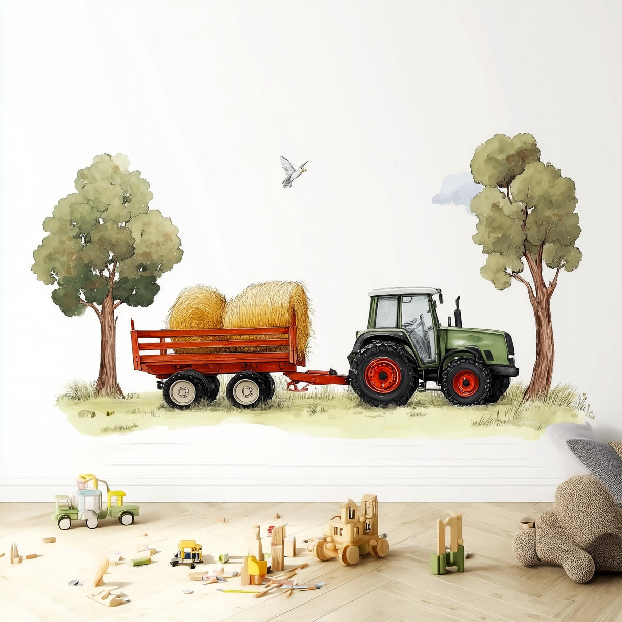 Farm tractor wall decal with hay bales, trees, and wooden toys in a cozy kids' room.