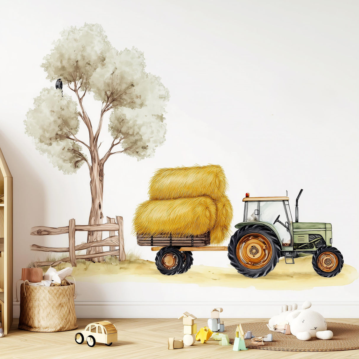 Farm tractor wall decal set with hay bales and tree, perfect for kids' nursery decor.