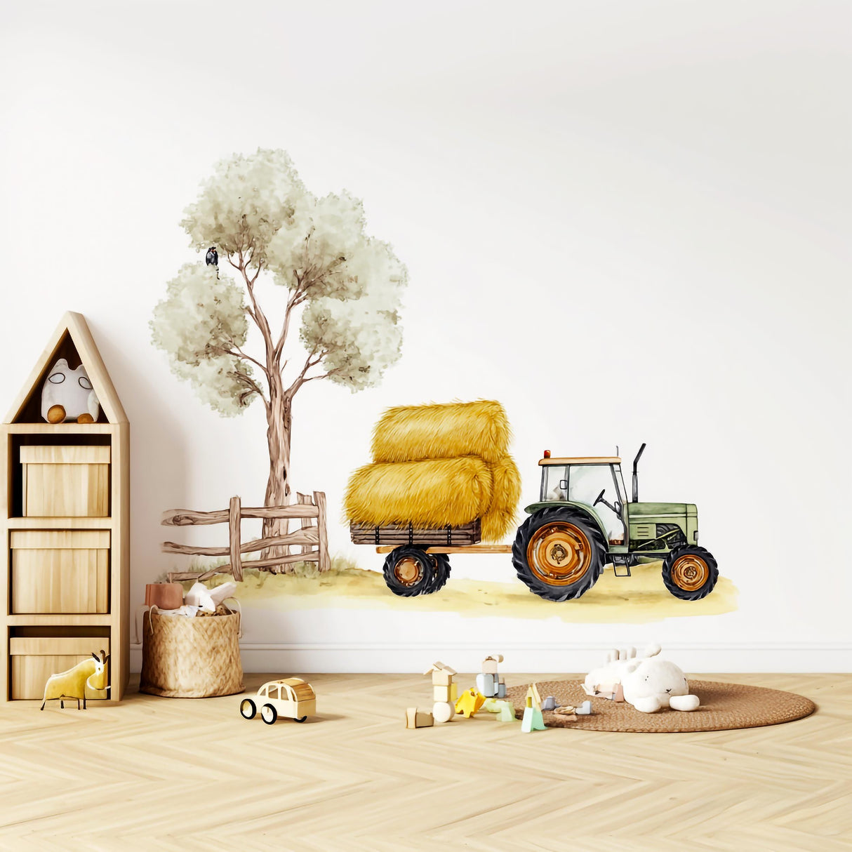 Farm tractor wall decal set with hay bales and tree in a cozy nursery room, perfect for children.