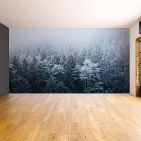 Misty Pine Hill wall mural depicting a serene foggy forest, perfect for creating a tranquil ambiance in any room.