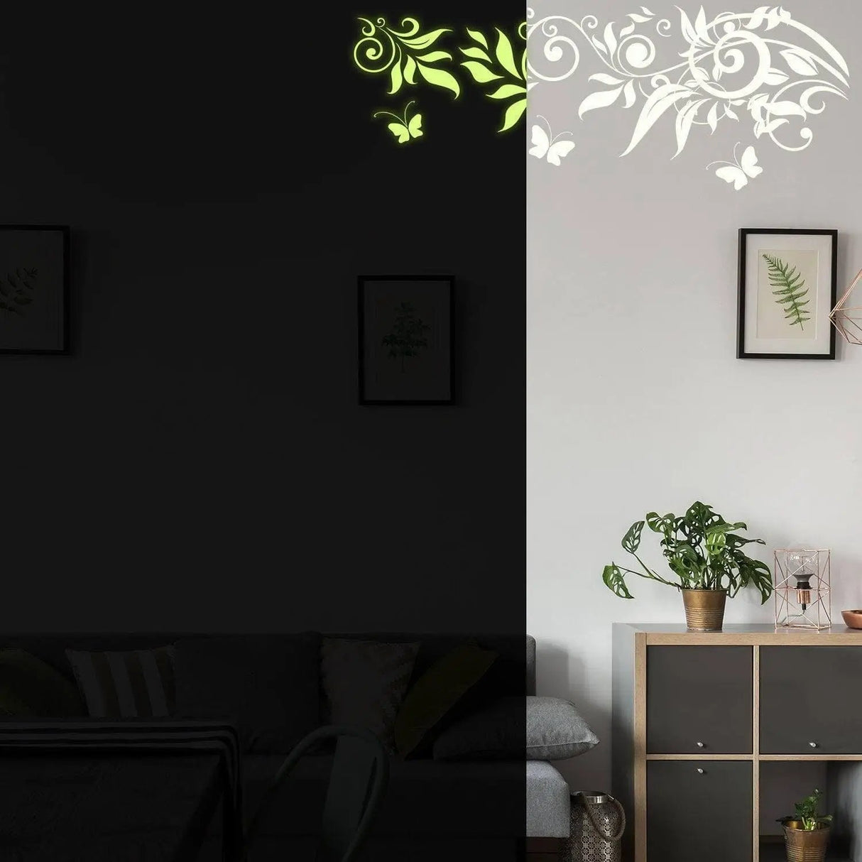 Luminous Blossom Night Wall Sticker on dark wall, showcasing glowing vines and butterflies in modern interior design.