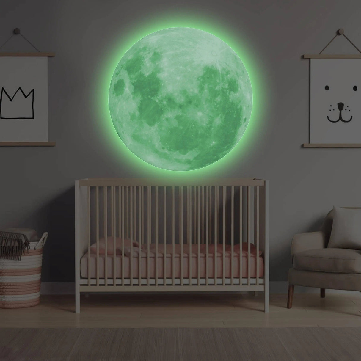 Luminous lunar wall decal illuminating a nursery with glow-in-the-dark moon design, perfect for a child's room.